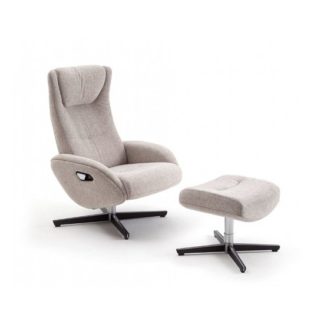 An Image of Deneb Recliner Fabric Armchair In Beige With Footstool