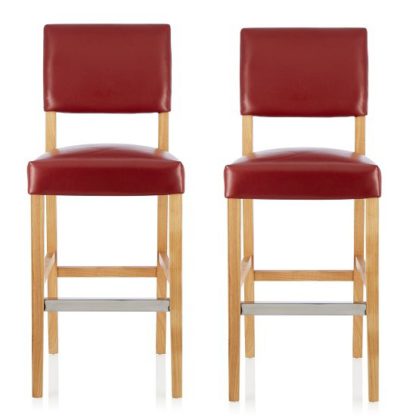 An Image of Vibio Bar Stools In Red PU With Oak Legs In A Pair