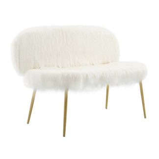 An Image of Merope Faux Fur Sofa In White With Gold Finish Metal Legs