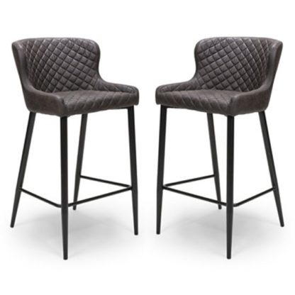 An Image of Charlie Grey Leather Bar Stool In Pair With Metal Base