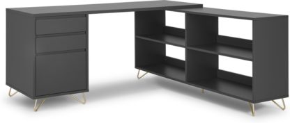 An Image of Elona Corner Desk with Open Sideboard, Charcoal & Brass