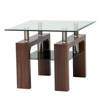 An Image of Tetro Glass End Table Square In Clear With Walnut Legs