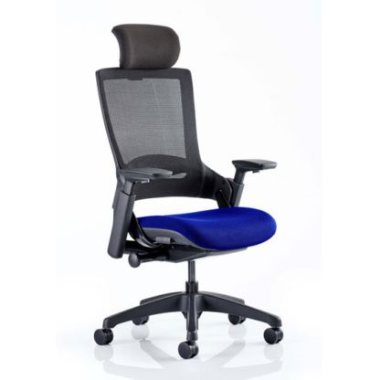 7d4df6ae69e2640cdd73eff58fa05ef7158295756fcc160ce02c566639bfefdc.jpg An Image of Molet Black Back Headrest Office Chair With Stevia Blue Seat