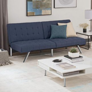 An Image of Emily Faux Leather Convertible Sofa Bed In Navy Linen Blue