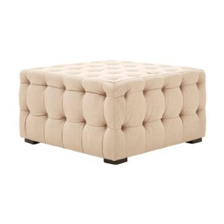 An Image of Poerava Linen Button Tufted Footstool In Beige