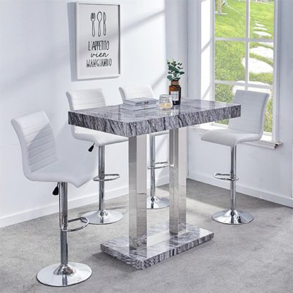 An Image of Melange Gloss Marble Effect Bar Table And 4 Ripple White Stools