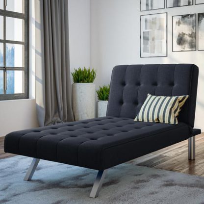 7f9a3401bda7d418d77ba9f1a36d36521990cc43574c47fd86bf9c723da2ba55.jpg An Image of Emily Faux Leather Chaise Single Sofa Bed In Navy Linen Blue