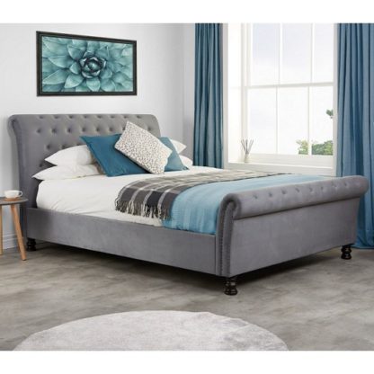 An Image of Andriana Fabric Double Bed In Grey Velvet With Wooden Feet