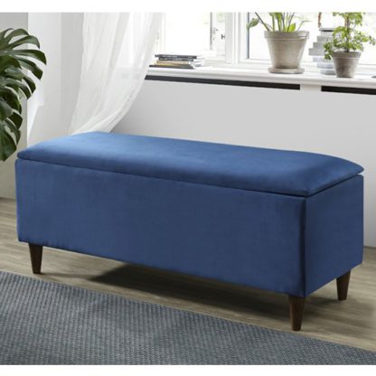 An Image of Emma Velvet Upholstered Storage Ottoman In Blue