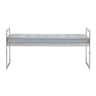 An Image of Alluras Powder Blue Velvet Button Tufted Bench With Silver Base