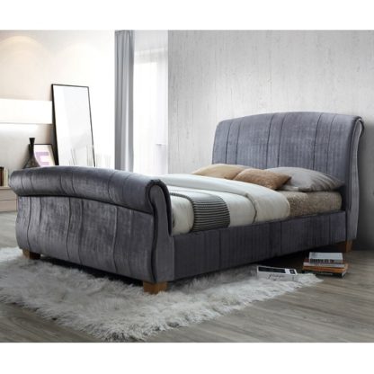 An Image of Waverly Sleigh Double Bed In Grey Velvet With Wooden Legs