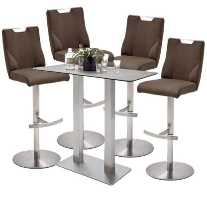 82582be911b77946bac49fa2ed9bddd3a25eda54a395c8f9482bb1f6115a45da.jpg An Image of Soho Glass Bar Table With 4 Jiulia Brown Stools