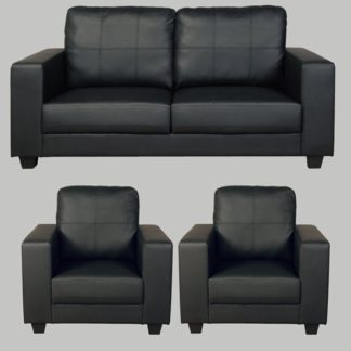 An Image of Okul Faux Leather 3 Seater Sofa And 2 Armchairs Suite In Black