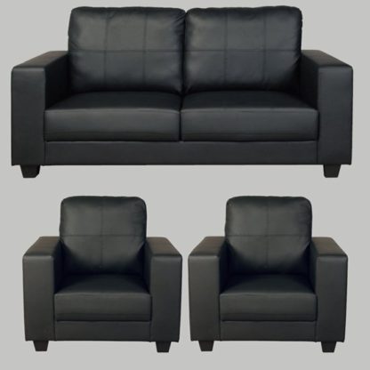 83c546c4e8796c7d946b28e539fabb9b24c9f4c5f3f4a640f724308b97860819.jpg An Image of Okul Faux Leather 3 Seater Sofa And 2 Armchairs Suite In Black
