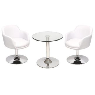 An Image of Belize Bistro Table In Clear Glass And 2 White Bucketeer Chairs