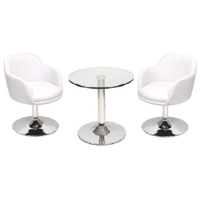8406a377c2d318336a844ebda19caeaf56460d4be5ec0d9cd4b5e81ec885c75d.jpg An Image of Belize Bistro Table In Clear Glass And 2 White Bucketeer Chairs