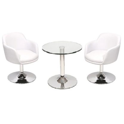 An Image of Belize Bistro Table In Clear Glass And 2 White Bucketeer Chairs