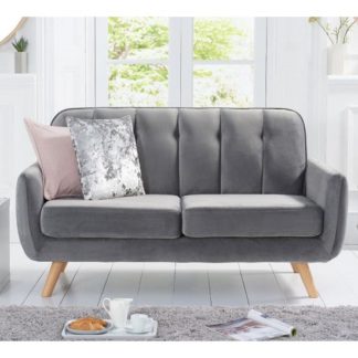 An Image of Rickey Velvet Two Seater Sofa In Grey With Solid Wood Legs