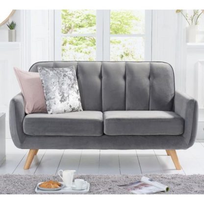 An Image of Rickey Velvet Two Seater Sofa In Grey With Solid Wood Legs