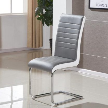 845bc3c4000fad5870e6bd166a4e9909d476dfb6da874e628b374982ef4ed4d0.jpg An Image of Symphony Dining Chair In Grey And White PU With Chrome Base
