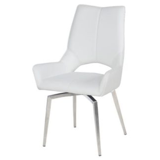 An Image of Halle Swivel Dining Chair In White Faux Leather