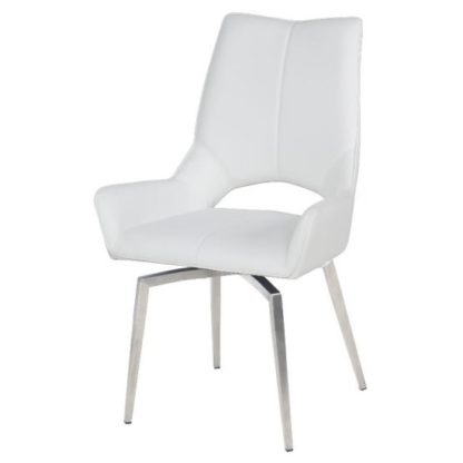 84f250623e129bbfa8360a39082ed256bd8722570206fa7ea72b42e05502806d.jpg An Image of Halle Swivel Dining Chair In White Faux Leather