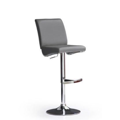 852d6f4fa3b5c3ed07a8c416e0a78e36e75567ce2dbed20c8f9528e50c3f9b28.jpg An Image of Diaz Grey Bar Stool In Faux Leather With Round Chrome Base