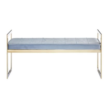 An Image of Alluras Powder Blue Velvet Button Tufted Bench With Gold Base
