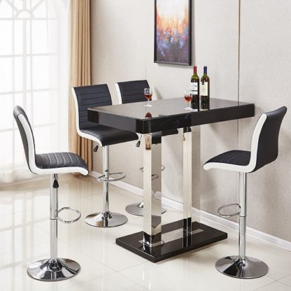 An Image of Caprice Glass Bar Table In Black Gloss With 4 Ritz Black Stools
