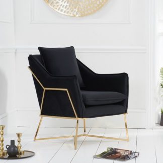 An Image of Gamma Velvet Accent Lounge Chair In Black With Brass Frame