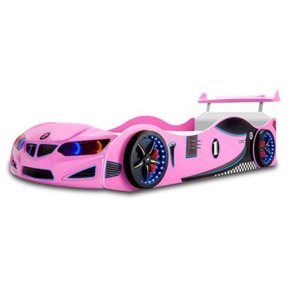 An Image of BMW GTI Childrens Car Bed In Pink With Spoiler And LED