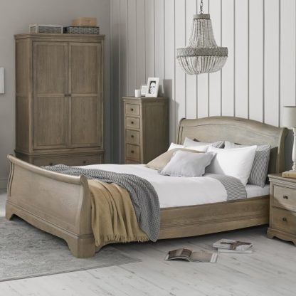 An Image of Ametis Wooden Sleigh Super King Size Bed In Grey Washed Oak