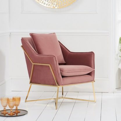 An Image of Gamma Velvet Accent Lounge Chair In Pink With Brass Frame