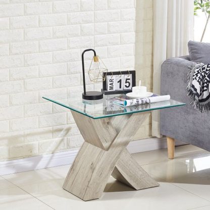 An Image of Xanti Glass X Base Lamp Table In Clear With Grey Oak Effect