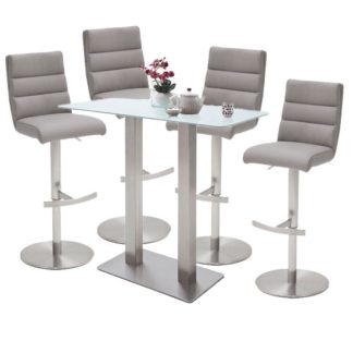 An Image of Soho White Glass Bar Table With 4 Hiulia Ice Grey Leather Stools