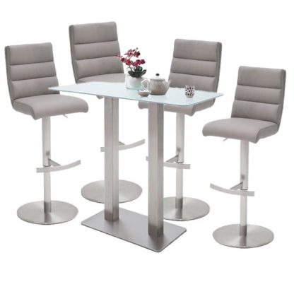 8a4b55da6a0ccaf1a1ab06690de9a048ff5cd581a9c68a3a77a1b686be9bef84.jpg An Image of Soho White Glass Bar Table With 4 Hiulia Ice Grey Leather Stools
