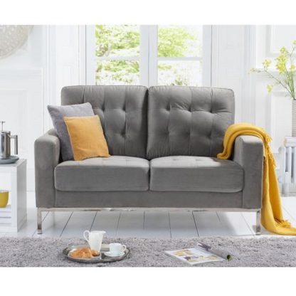 An Image of Swiger Velvet Two Seater Sofa In Grey With Metal Legs