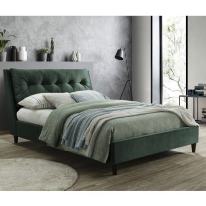 8baa4bc584b5a74dfbd45abe7aea79badf614df8cf876bb3f4283b02bad27a5f.jpg An Image of Megan Velvet Upholstered Double Bed In Green