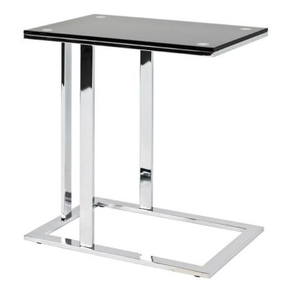 8bfb42da8d184ad780fda2d6f49843b57338718af33cbdcdd1690006dd11c6f0.jpg An Image of Declan Glass Side Table In Black With Chrome Base