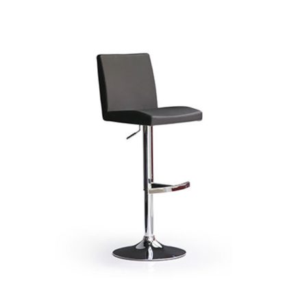 8c6ded27cc71e8f2e4f1f2c6184626873f229931bd56383380544afdf45b0bea.jpg An Image of Lopes Black Bar Stool In Faux Leather With Round Chrome Base
