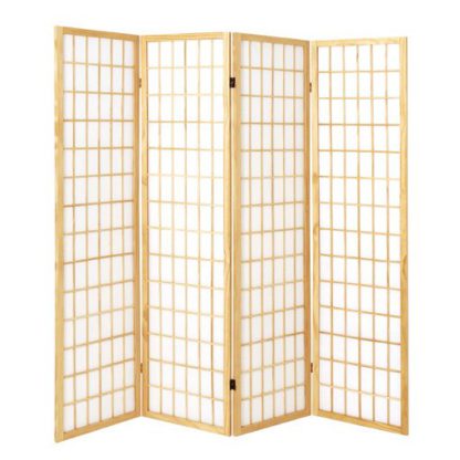 An Image of Wooden 4 Panel Folding Room Divider In Natural