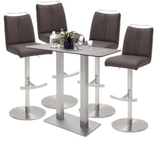 An Image of Soho Glass Bar Table With 4 Giulia Brown Leather Stools