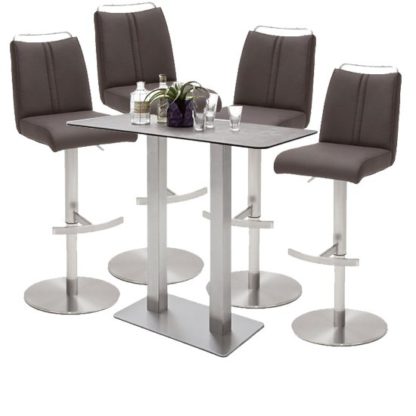 8e35ecf2378b95b31e21f725da9f57e80b99b292c50d6eb72758b61da140912a.jpg An Image of Soho Glass Bar Table With 4 Giulia Brown Leather Stools