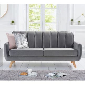 An Image of Rickey Velvet Three Seater Sofa In Grey With Solid Wood Legs