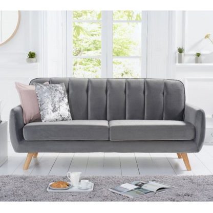 8ea038454c3925e63014b381c19a95588175a8a8fd9899ae6054ebf091e2d795.jpg An Image of Rickey Velvet Three Seater Sofa In Grey With Solid Wood Legs