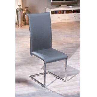 An Image of Bronte Dining Chair In Grey Faux Leather With Chrome Base