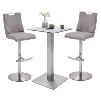 An Image of Soho Glass Bar Table With 2 Jiulia Ice Grey Leather Stools
