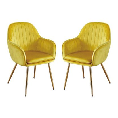 8ff9252b716ef325c31e416613f2805fa8aa044068505fe390f4442c7db3abd0.jpg An Image of Lara Yellow Dining Chair With Gold Legs In Pair