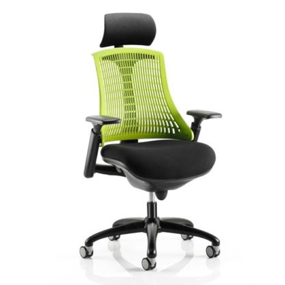 90001010c72469848eb526442a65385cfe82339c0a69e6b5ffa3b94820083f66.jpg An Image of Flex Task Headrest Office Chair In Black Frame With Green Back