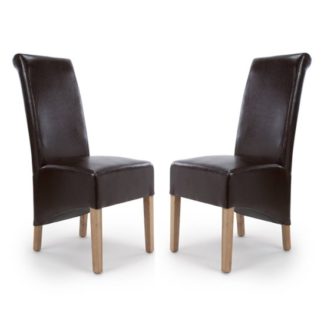 An Image of Krista Roll Back Bonded Leather Brown Dining Chairs In Pair